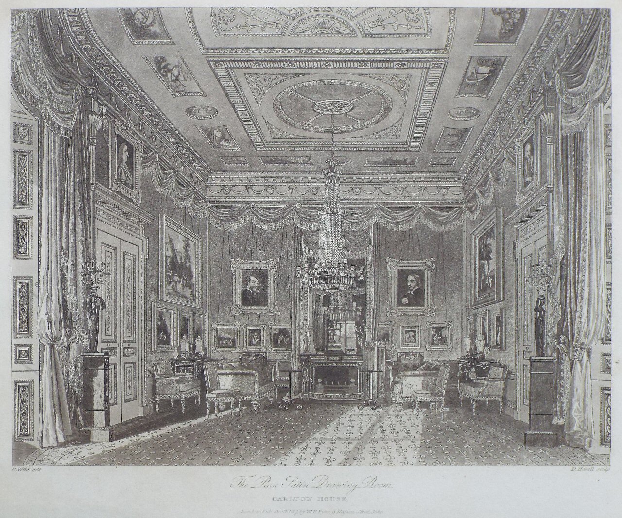 Aquatint - The Rose & Satin Drawing Room, Carlton House. - Havell